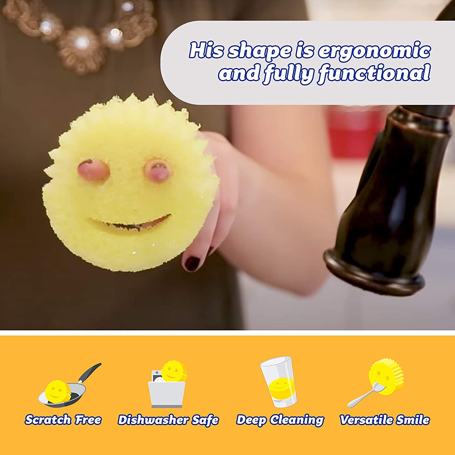 Scrub Daddy Smiling Scrubber, Grey - Scratch-Free Multipurpose Dish Sponge - BPA Free & Made with Polymer Foam - Stain & Odor Resistant Kitchen Sponge