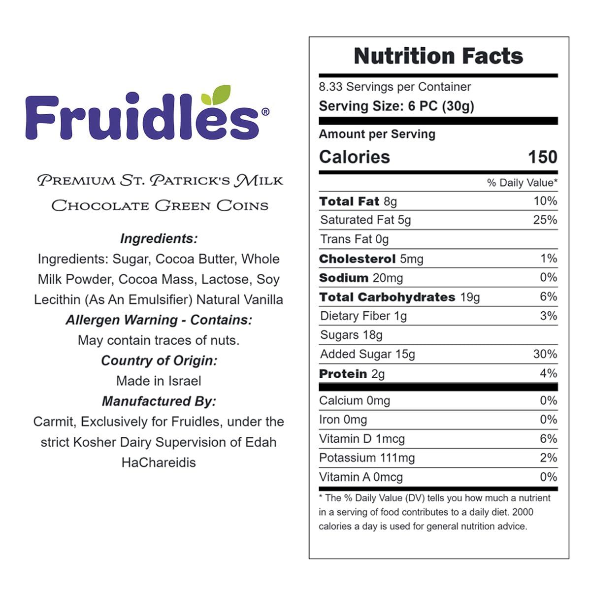 Fruidles Pack of 200 Saint Patrick's Day Clover Shamrock Leprechaun Chocolate Green Coins, Premium Belgian Nut-Free Milk Chocolate, Kosher (Pack