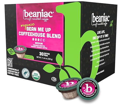 beaniac Organic Bean Me Up Coffeehouse Blend, Medium Roast, Single Serve Compostable K Cup Coffee Pods, Organic Arabica Coffee, Keurig Brewer
