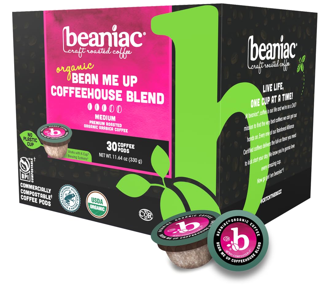 beaniac Organic Bean Me Up Coffeehouse Blend, Medium Roast, Single Serve Compostable K Cup Coffee Pods, Organic Arabica Coffee, Keurig Brewer