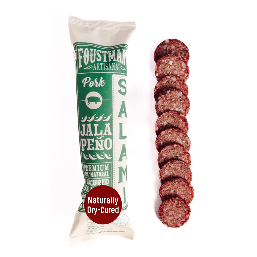 Foustman's Salami Jalapeno Pork Artisanal, Nitrate-Free, Naturally Cured Lunch Meat, Gluten-Free, Dairy-Free, 8 Oz.