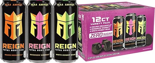 REIGN Total Body Fuel Variety Pack, Orange Dreamsicle, Reignbow Sherbet, White Gummy Bear, Fitness & Performance Drink, 16 Fl Oz (Pack of 12)