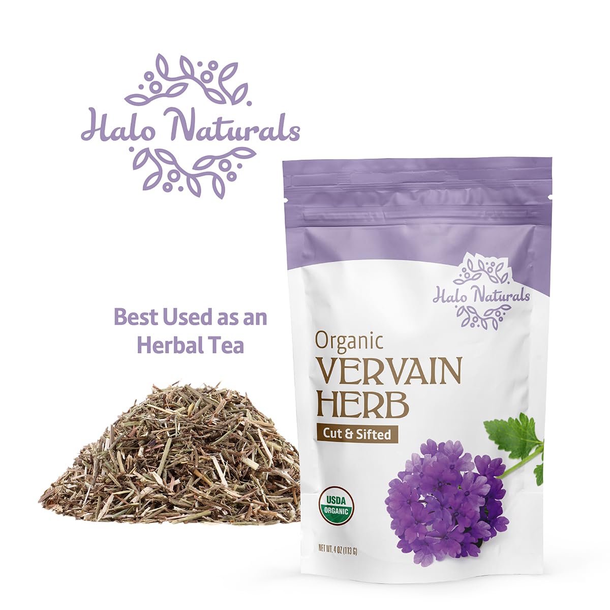 Halo Naturals Organic Vervain Herb Cut & Sifted, 4 Ounces (Verbena officinalis) USDA Certified | Resealable Pouch| Packaged in The USA (Pack of 1)