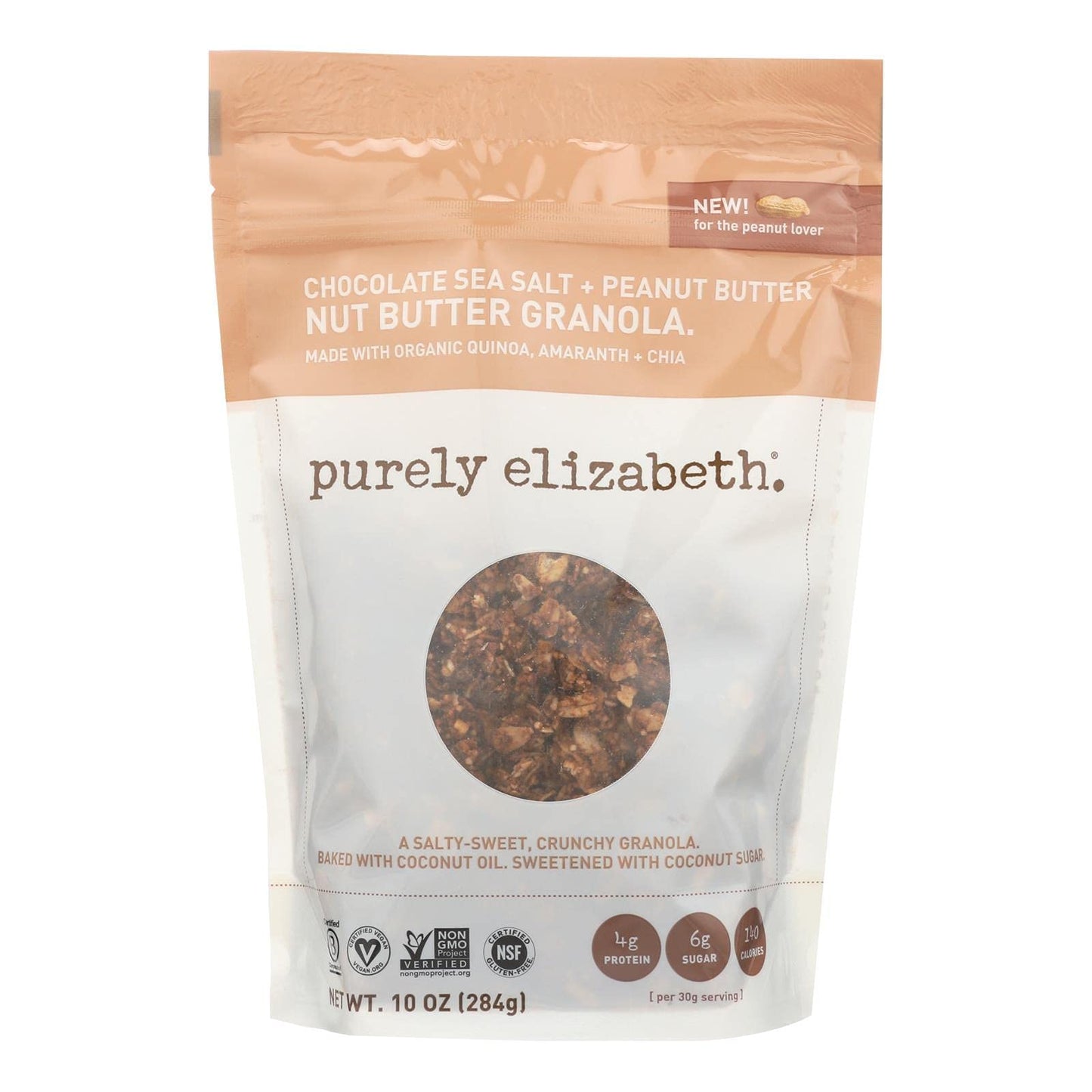 PURELY ELIZABETH, Nut Butter Granola,Chocolate Sea Salt and Peanut Butter, Pack of 6, Size 10 OZ - No Artificial Ingredients Dairy Free Gluten Free