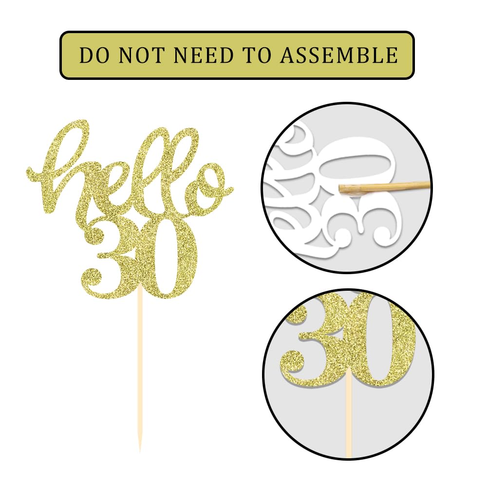 24 Pcs Gold Glitter 30th Birthday Cupcake Toppers for 30th Anniversary Birthday Party Wedding Party Decorations
