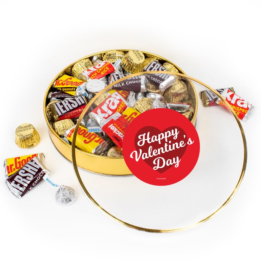 Valentine's Day Candy Gift Tin Gold Plastic Tin (Approx. 1lb, 60 pieces) Kisses, Miniatures & Peanut Butter Cups - Script Heart