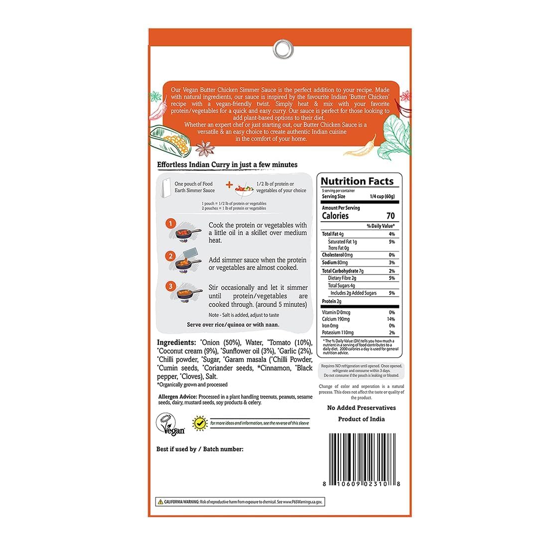 Food Earth Indian Simmer Sauce - Butter Chicken - Organic, Vegan, Gluten-Free, GMO-Free - Microwavable Cooking Sauce - 12 Pouches (5.29 oz Each)