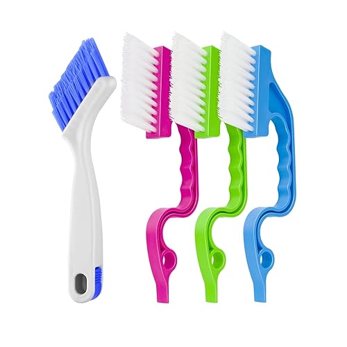Asltw Swan Neck Cleaning Brush Set, 3 Angled Handle Scrub Brushes + 1 Crevice Brush for Window Tracks, Grout, Corners and Tight Spaces, Firm Bristles