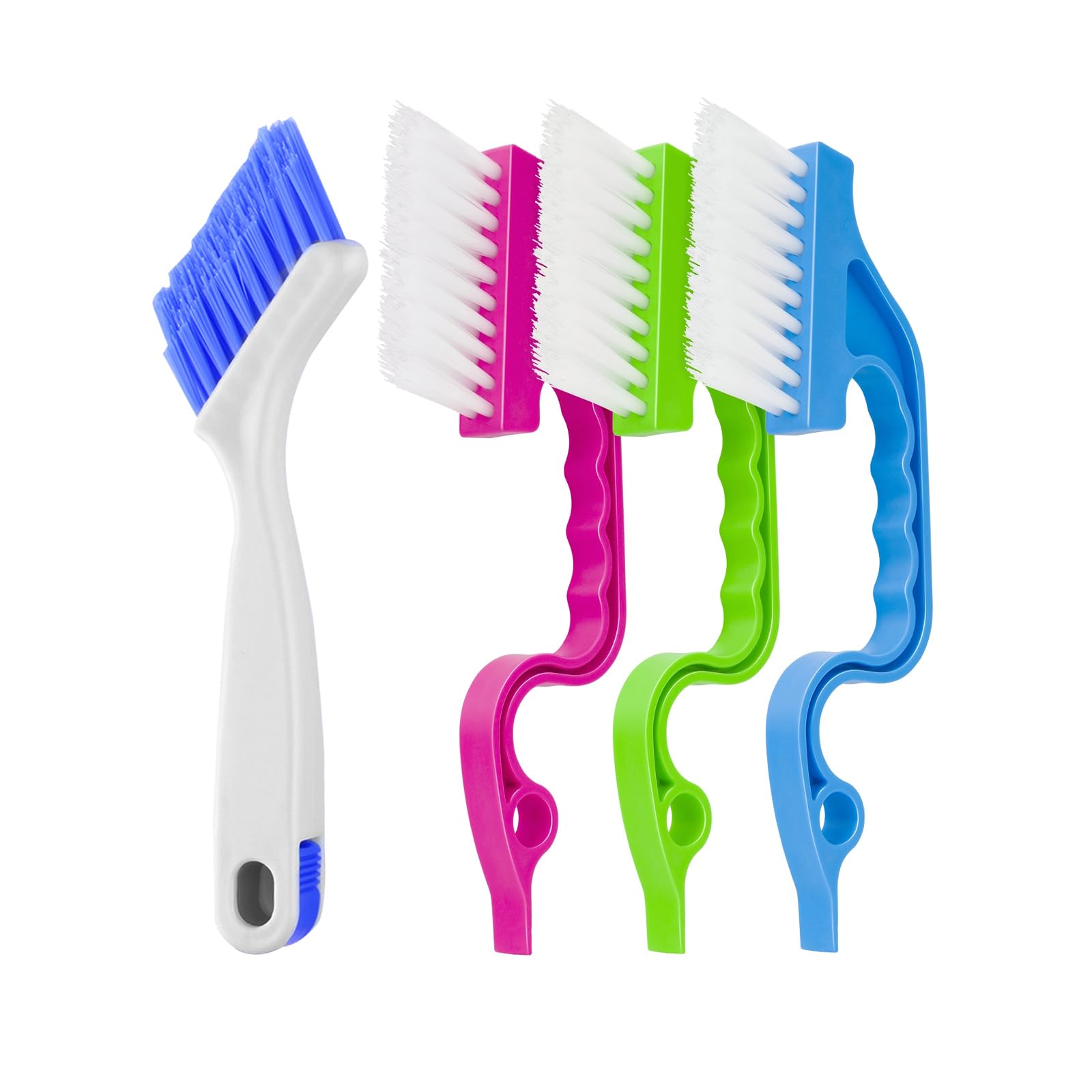 Asltw Swan Neck Cleaning Brush Set, 3 Angled Handle Scrub Brushes + 1 Crevice Brush for Window Tracks, Grout, Corners and Tight Spaces, Firm Bristles