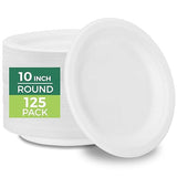 Freshware Paper Plates - Disposable 10" Plate, 125-Pack, Biodegradable Sugarcane Fiber Dinner Plates - Heavy Duty Dinnerware for Hot Food - Microwave
