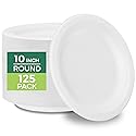 Freshware Paper Plates - Disposable 10" Plate, 125-Pack, Biodegradable Sugarcane Fiber Dinner Plates - Heavy Duty Dinnerware for Hot Food - Microwave