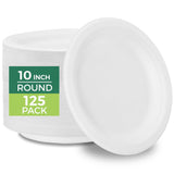 Freshware Paper Plates - Disposable 10" Plate, 125-Pack, Biodegradable Sugarcane Fiber Dinner Plates - Heavy Duty Dinnerware for Hot Food - Microwave
