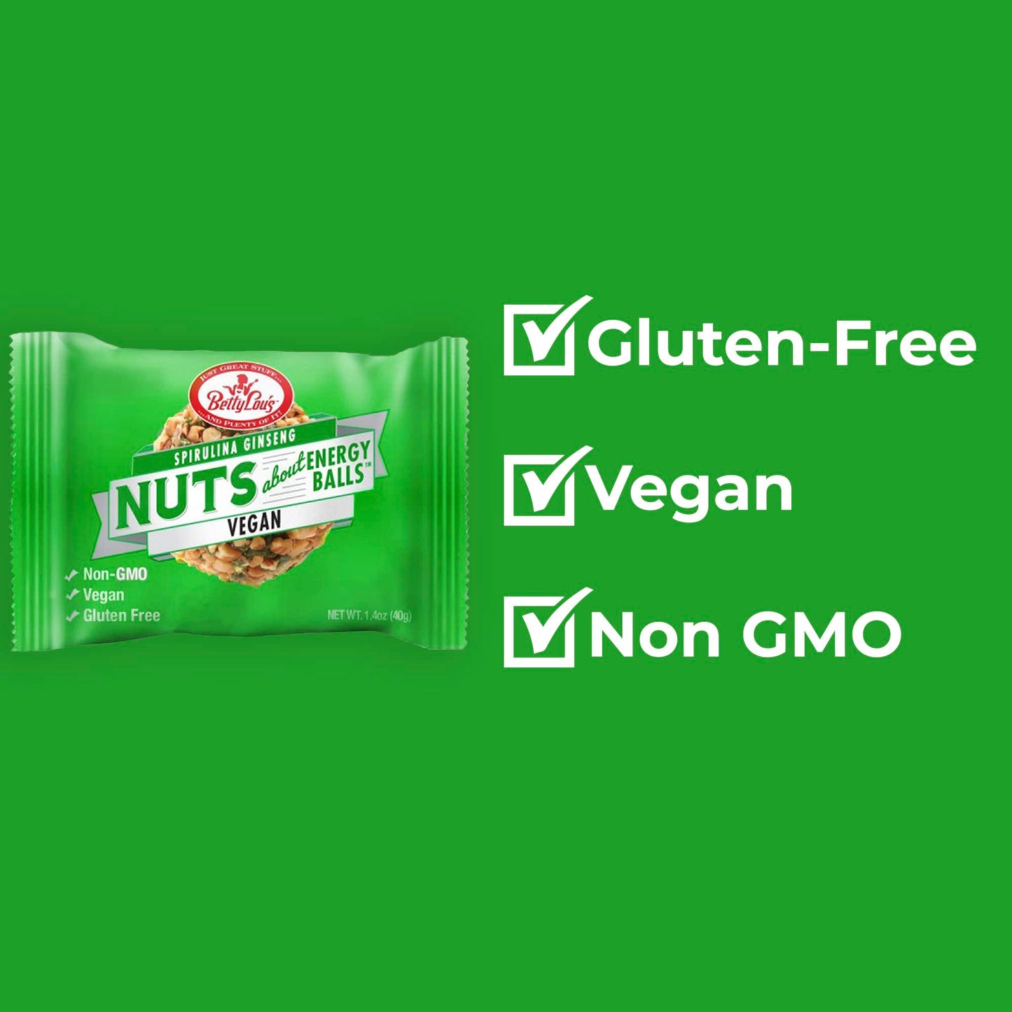 Betty Lou's Spirulina Ginseng Energy Balls, Gluten Free, Non GMO, High Fiber, No Refined Sugar, Healthy Vegan Snacks for Adults and Kids, Individually