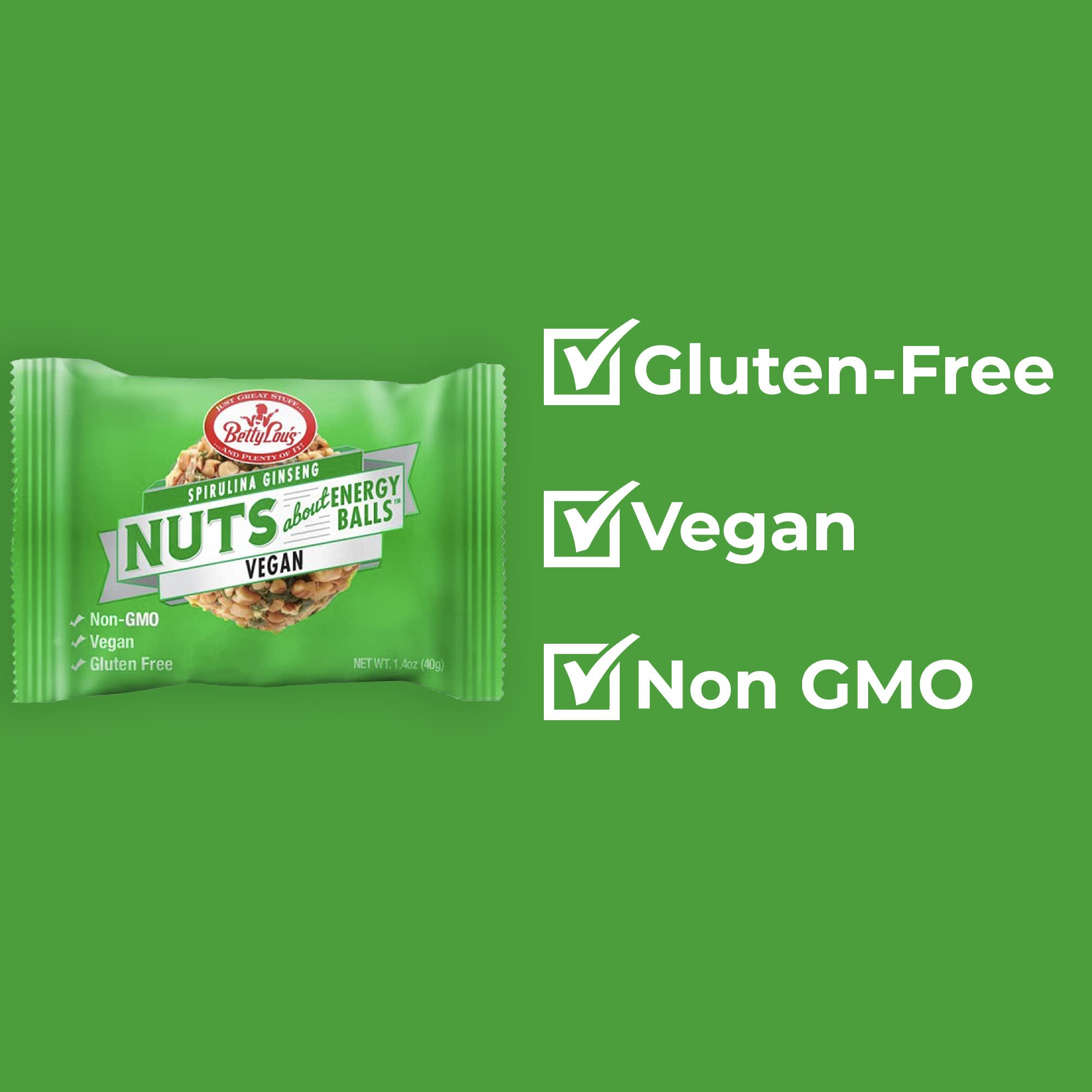 Betty Lou's Spirulina Ginseng Energy Balls, Gluten Free, Non GMO, High Fiber, No Refined Sugar, Healthy Vegan Snacks for Adults and Kids, Individually
