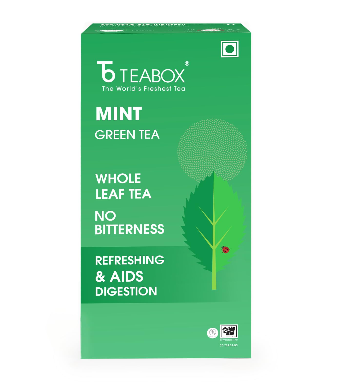 Teabox Premium Darjeeling Green Tea With Natural Peppermint Leaves |100% Whole Leaf & 0% Bitterness | Green Tea From The Himalayas | 25 Tea Bags (Low