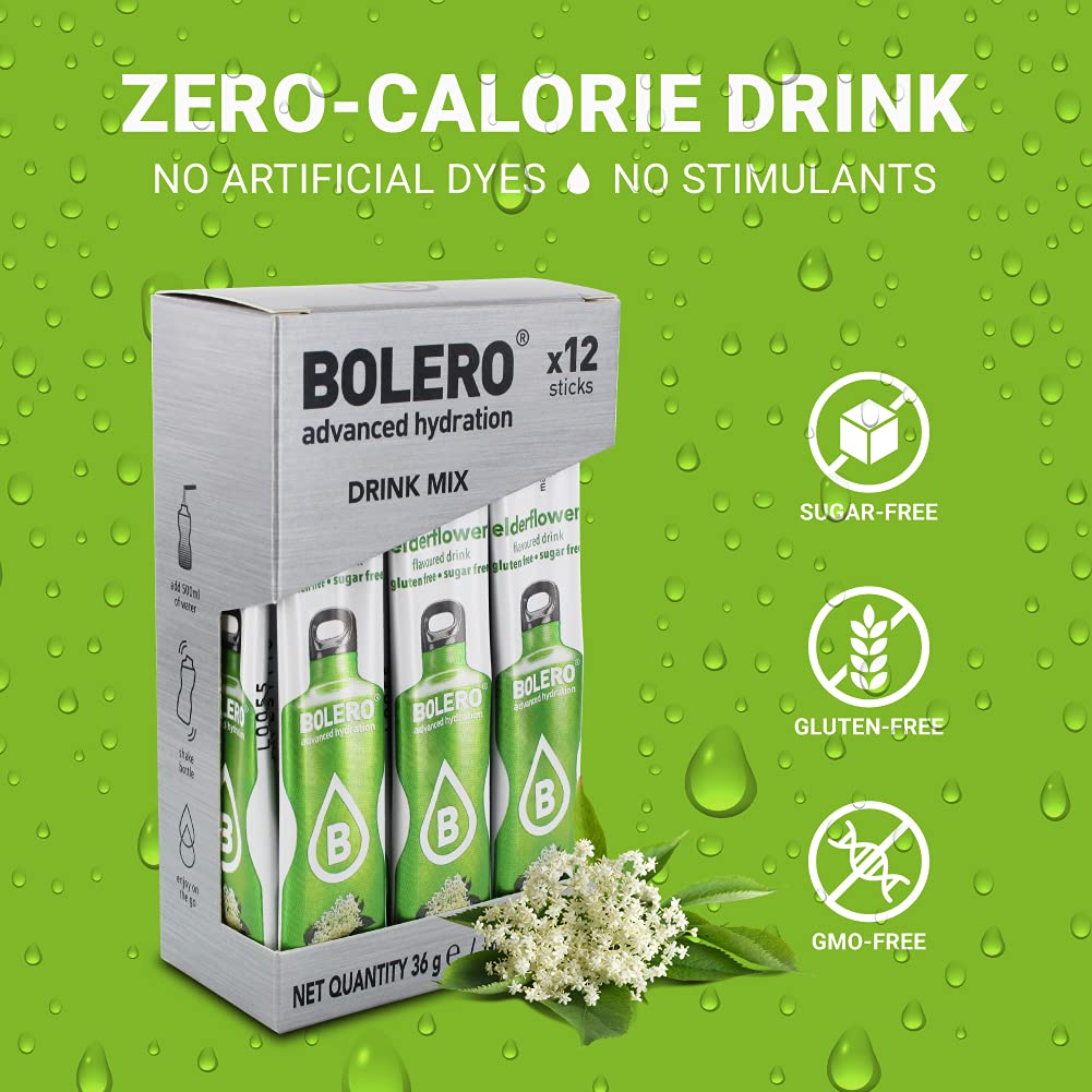 Bolero- Sugar Free Drink Mix Packets Elderflower Fruit Flavors | Powdered Flavored Water Packets | 36 Singles Sticks On The Go Packets