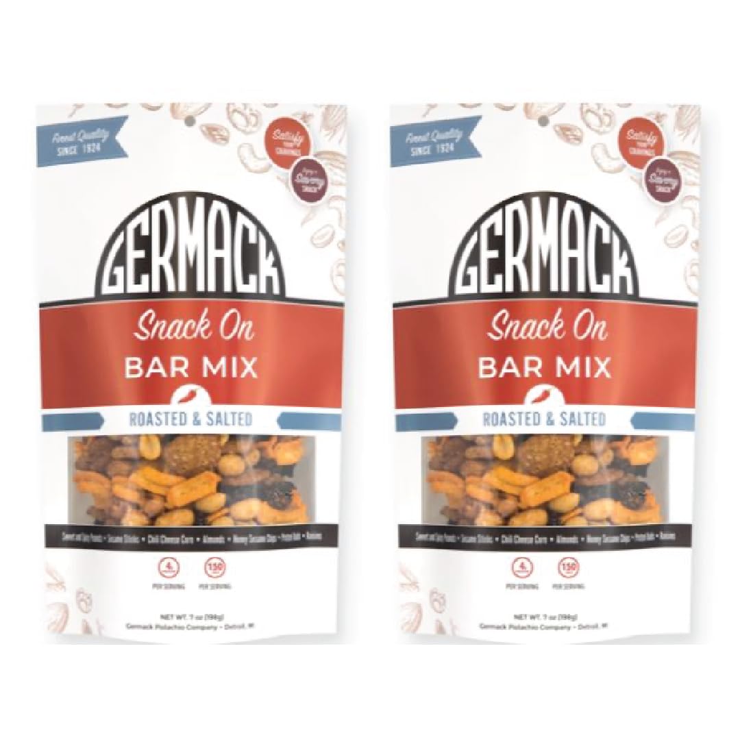 Germack® - Get Your Snack Sweet and Spicy Party Mix - Peanuts, Sesame Sticks, Chili Corn, Almonds, Raisins, Pretzels and Sesame Chips (Set of 2, 7oz