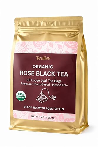 Organic Rose Black Whole Leaf Pyramid Tea Bags - USDA Organic, Plant-Based & Plastic-Free Tea Bags, Smooth Floral Black Tea, 60 Count by Tealise