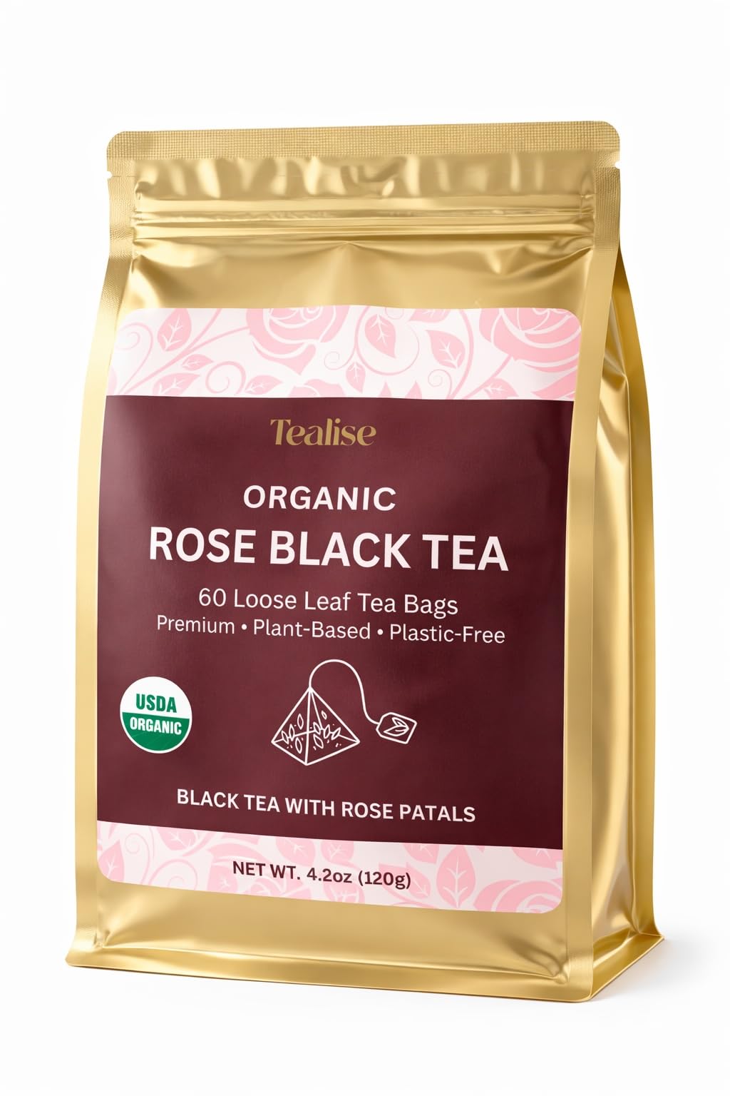 Organic Rose Black Whole Leaf Pyramid Tea Bags - USDA Organic, Plant-Based & Plastic-Free Tea Bags, Smooth Floral Black Tea, 60 Count by Tealise