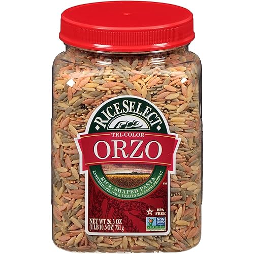 RiceSelect Tri-Color Orzo Pasta, Non-GMO, 26.5 oz (Pack of 4 Jars)