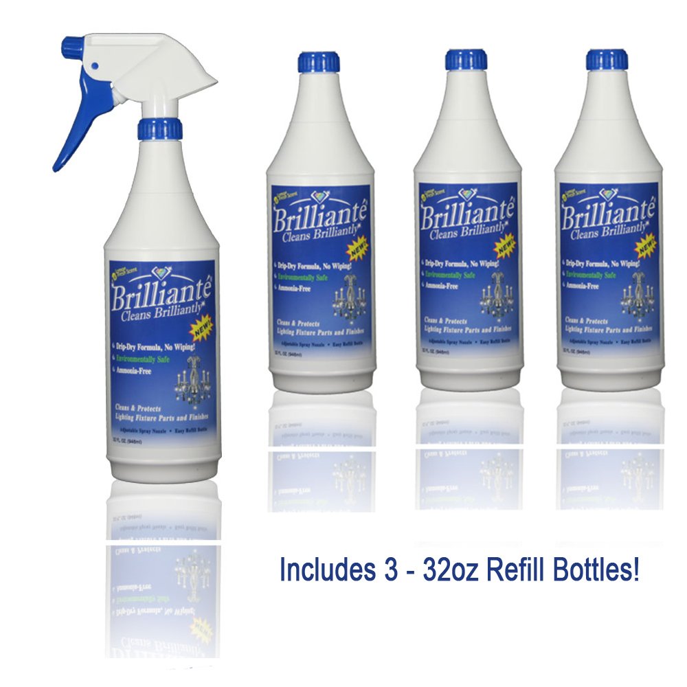 Brilliante Crystal Chandelier Cleaner - Manual Sprayer 32oz Environmentally Safe, Ammonia-free, Drip-dry Formula, Made in USA (4 Pack)