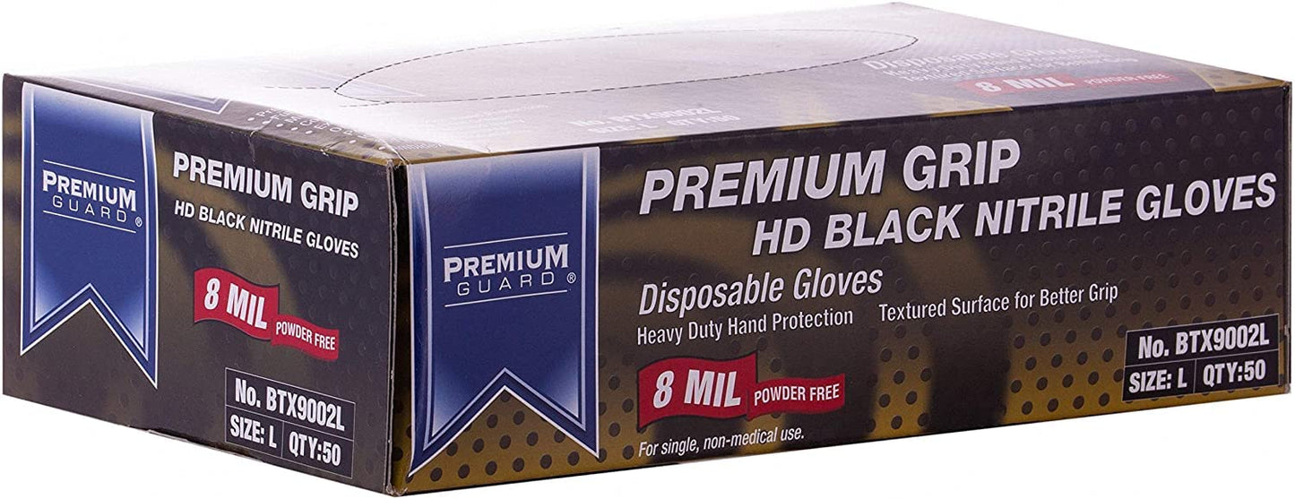 Premium Guard - Nitrile Gloves Heavy Duty 8 Mil Disposable, Powder Free, Black, 50 Gloves per Box (X-Large)