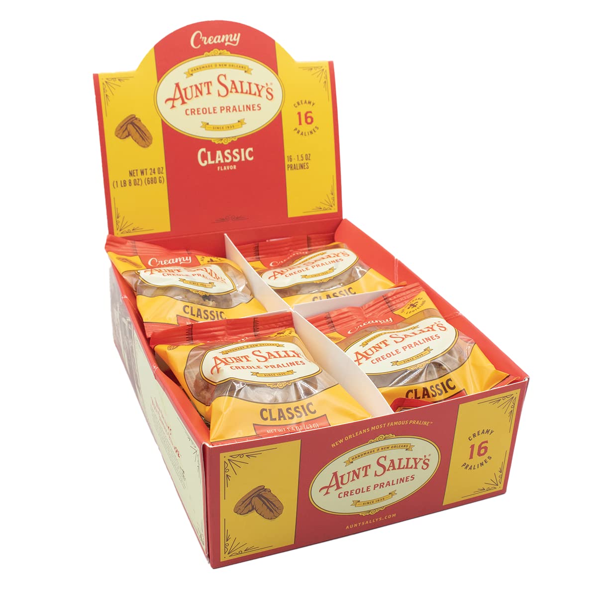 Aunt Sally's Creamy Classic Pralines- 16 count box- New Orleans Most Famous Praline- Handmade Pecan Candy