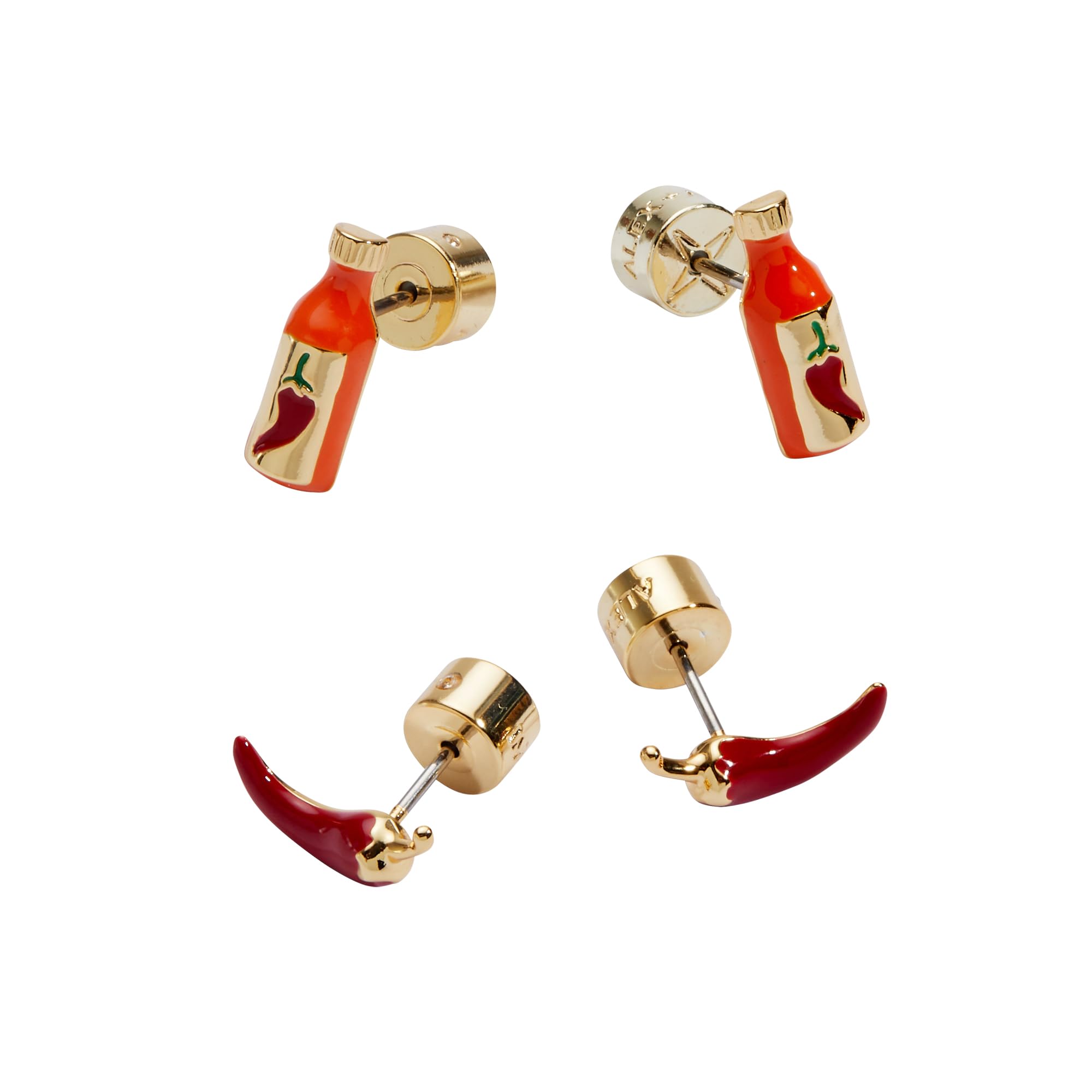 Alex and Ani Taco Hot Sauce and Pepper Stud Set | Earrings For Women | Gold-Plated, Enamel | Taco Lover Gift | Novelty Earrings