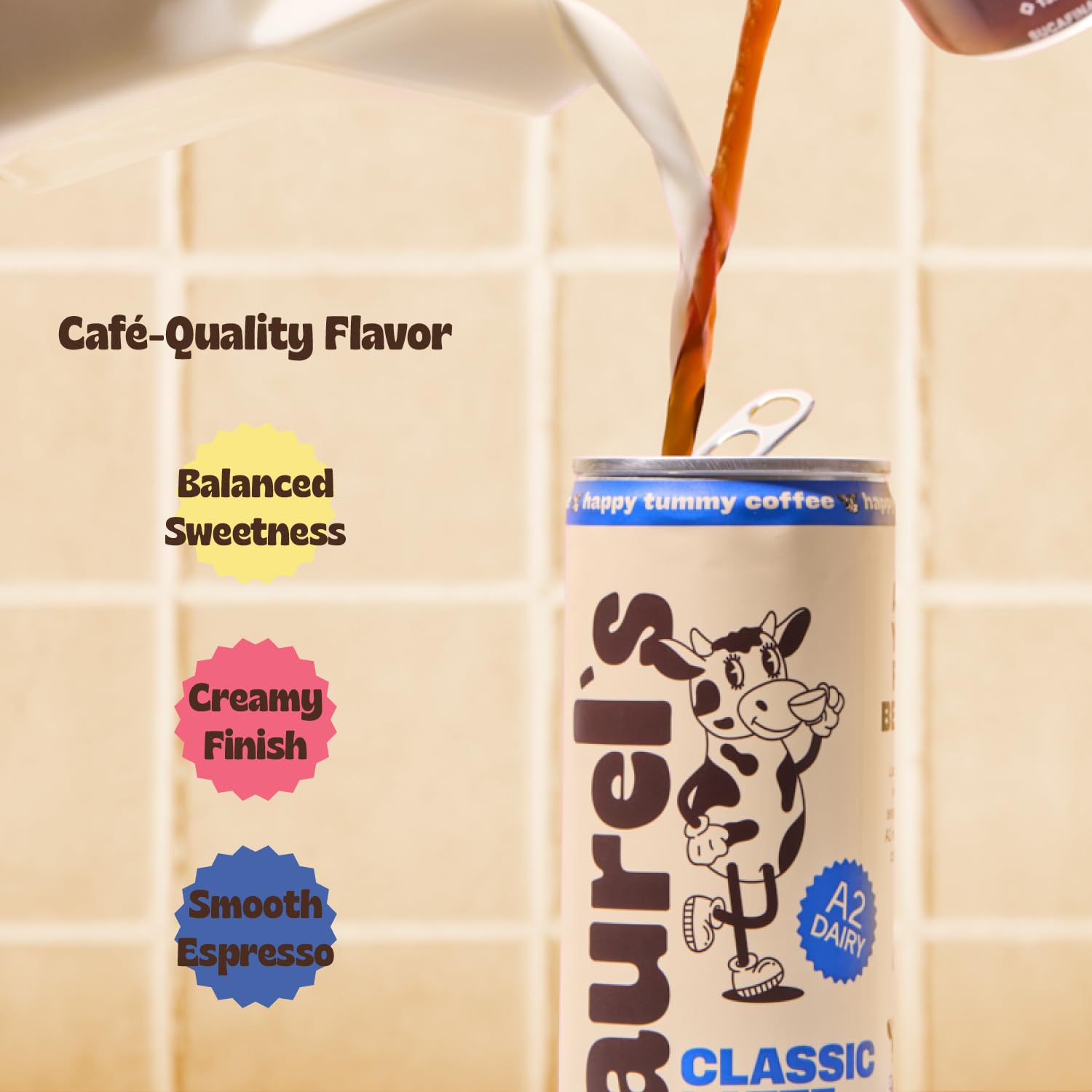 Laurels Coffee Classic Vanilla Latte Ready to Drink, Canned Iced Coffee Beverage with Organic A2 Milk, Smooth Vanilla Flavor, 80mg Caffeine, On-the-Go
