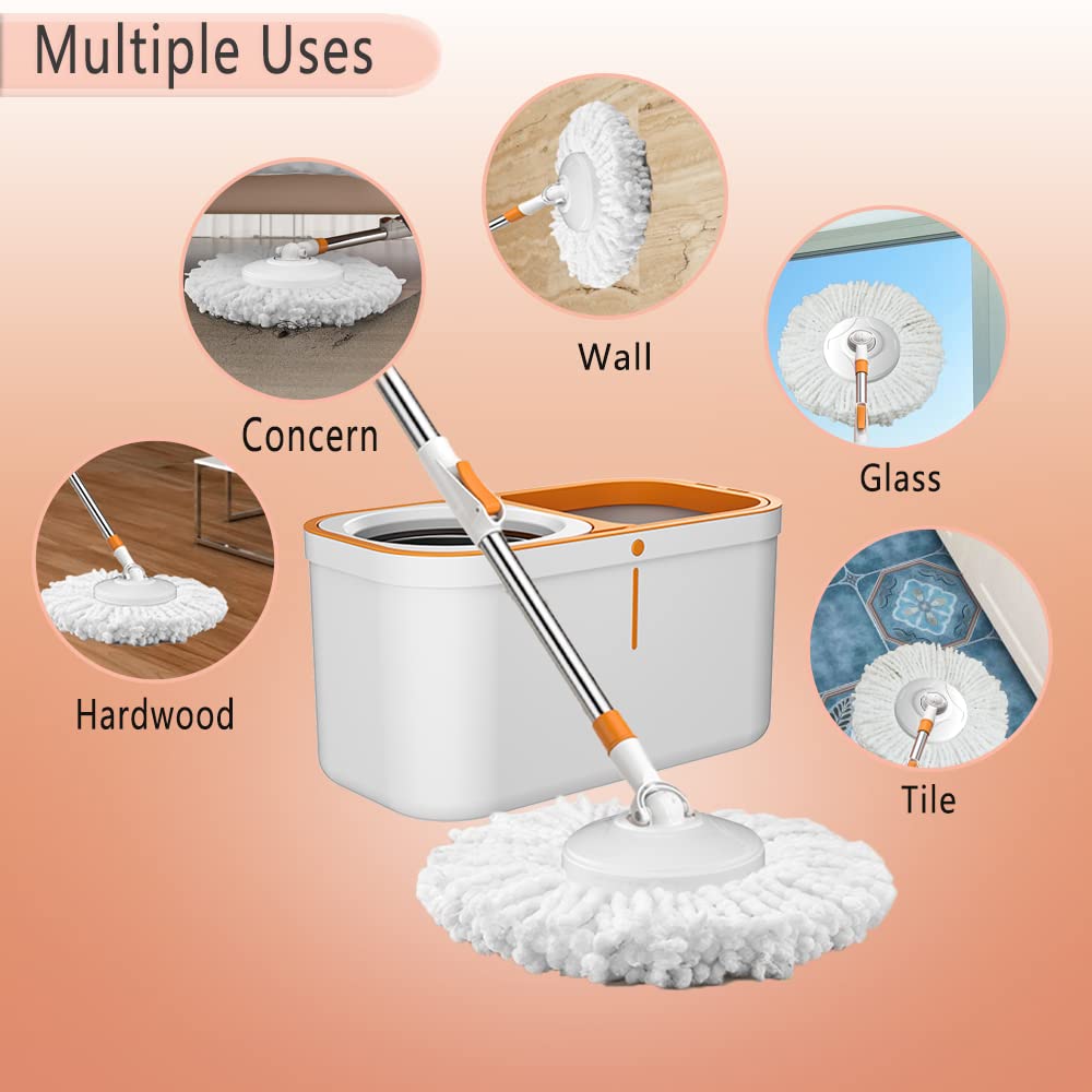 Floor Spin Mop and Bucket Set with Wringer System Extended Stainless Steel Handle 61?for Home Floor Cleaning Use with 5 Replacement Head Refill and 1