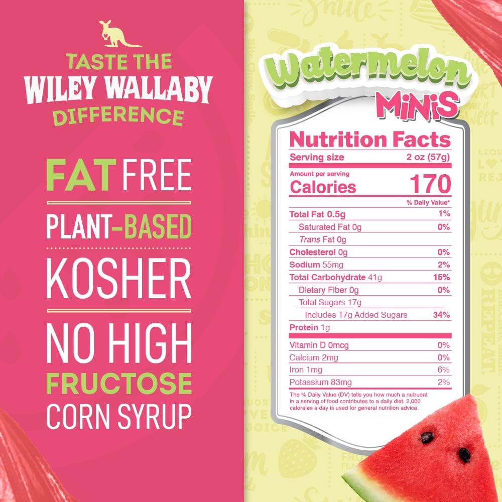 Wiley Wallaby Mini Licorice Bites 2.0 Ounce Classic Gourmet Soft & Chewy Australian Watermelon Licorice Candy Bags, 18 Pack