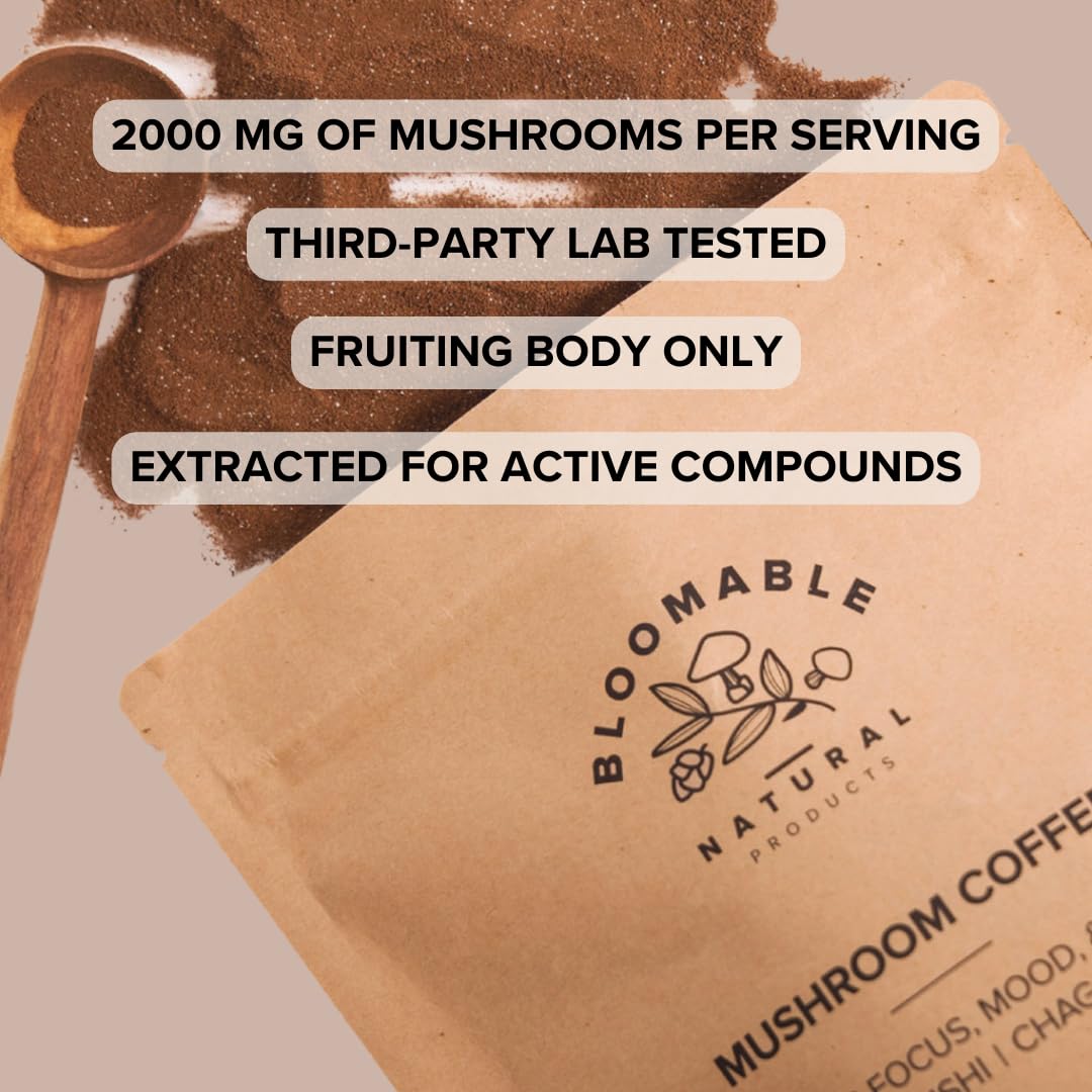 Mushroom Coffee by Bloomable Premium Instant Coffee with Lion's Mane, Reishi, Chaga Mushroom Extracts | Improve Focus, Memory, & Immunity | 30