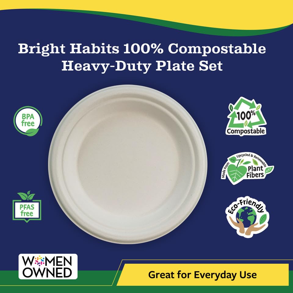 Bright Habits 10” Compostable Plates, 125-Pack | Biodegradable Sugarcane | Sturdy, Microwave-Safe Disposable Plates for Parties & Events