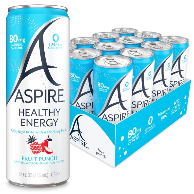 ASPIRE® Fruit Punch, Healthy Energy Drink 80mg Natural Caffeine, Zero Sugar No Carbs Keto Friendly, 12 Pack Green Tea Sugar Free Drink Low Caffeine