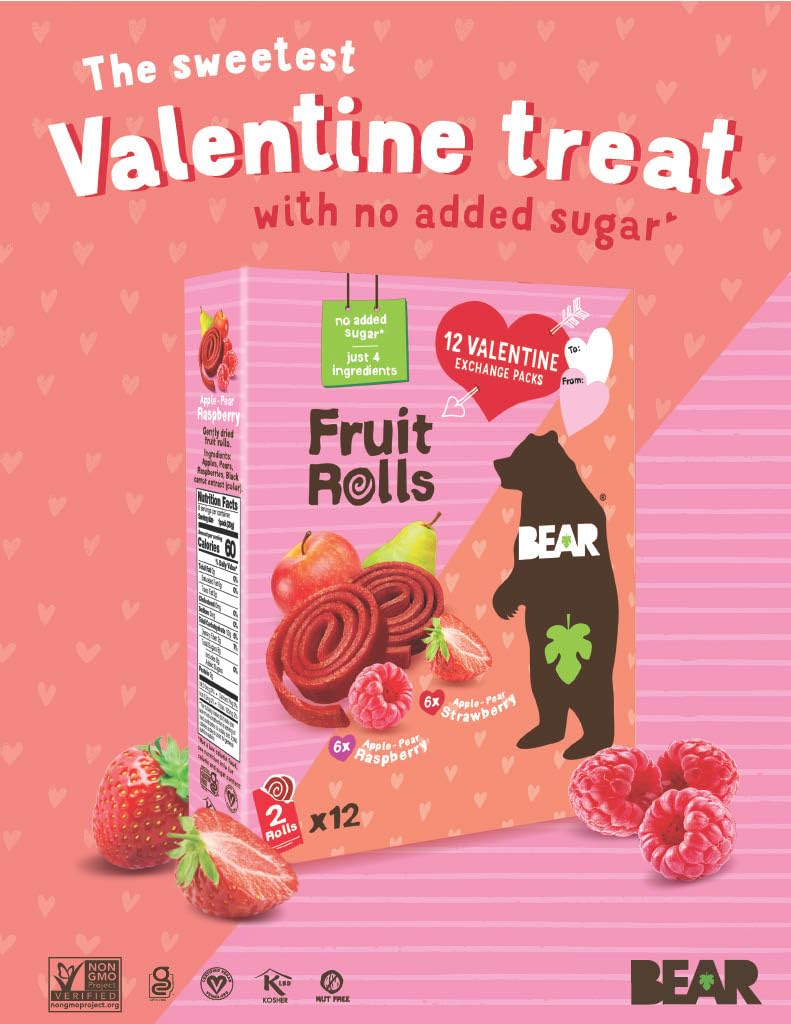 Bear Valentines Day Strawberry & Raspberry Fruit Rolls Variety Pack, 12 Pack (2 Rolls Per Pack) - Gluten Free, Vegan, and Non-GMO - Healthy School