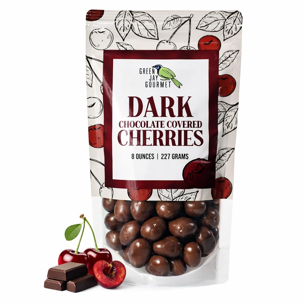 Green Jay Gourmet Dark Chocolate Cherries - Handmade & Fresh Dark Chocolate Covered Cherries from Michigan - Great Gift for Chocolate Lovers - 8 Ounce