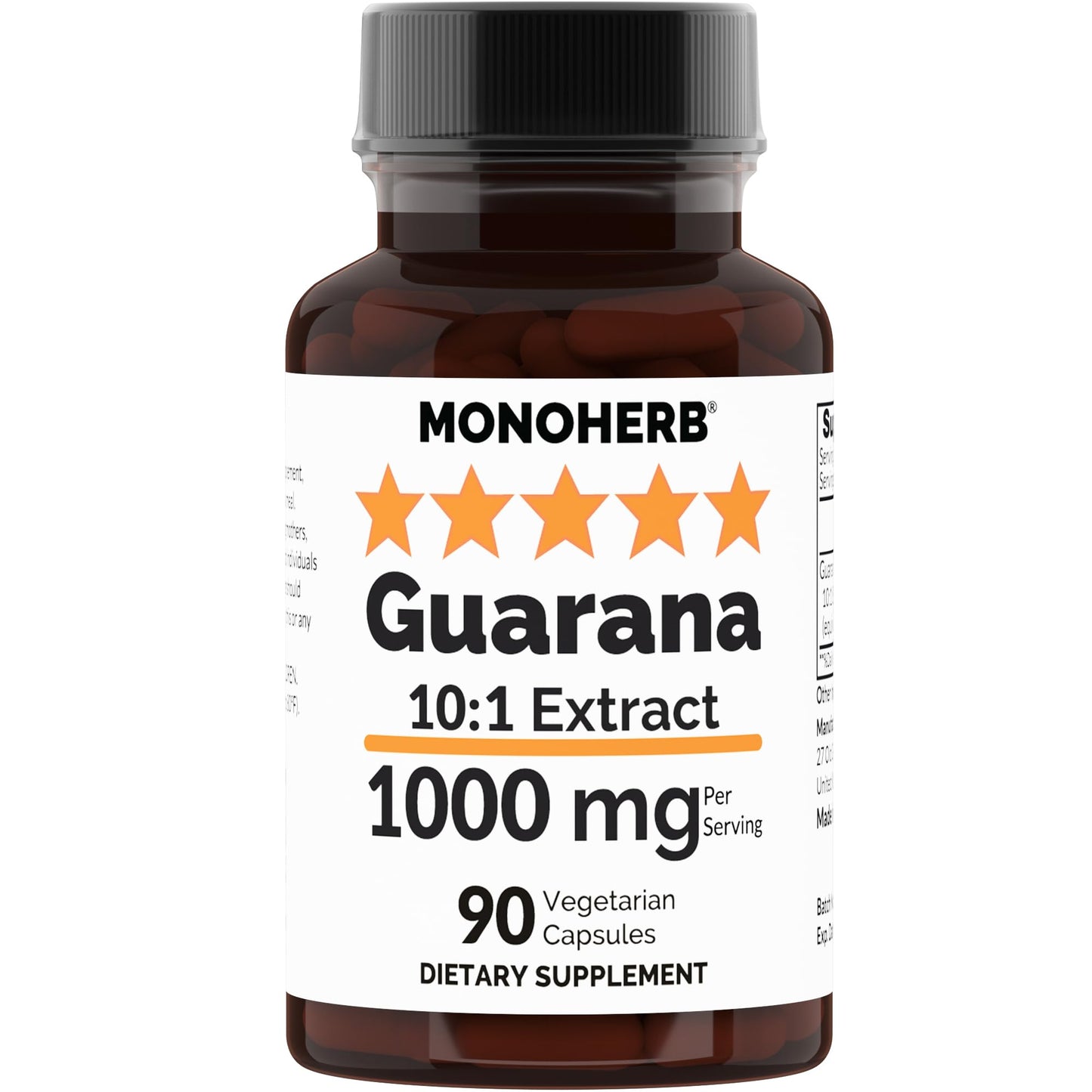 MONOHERB Guarana 10:1 Extract - 1000 mg per Serving - 90 Vegetarian Capsules - 45 Servings per Bottle