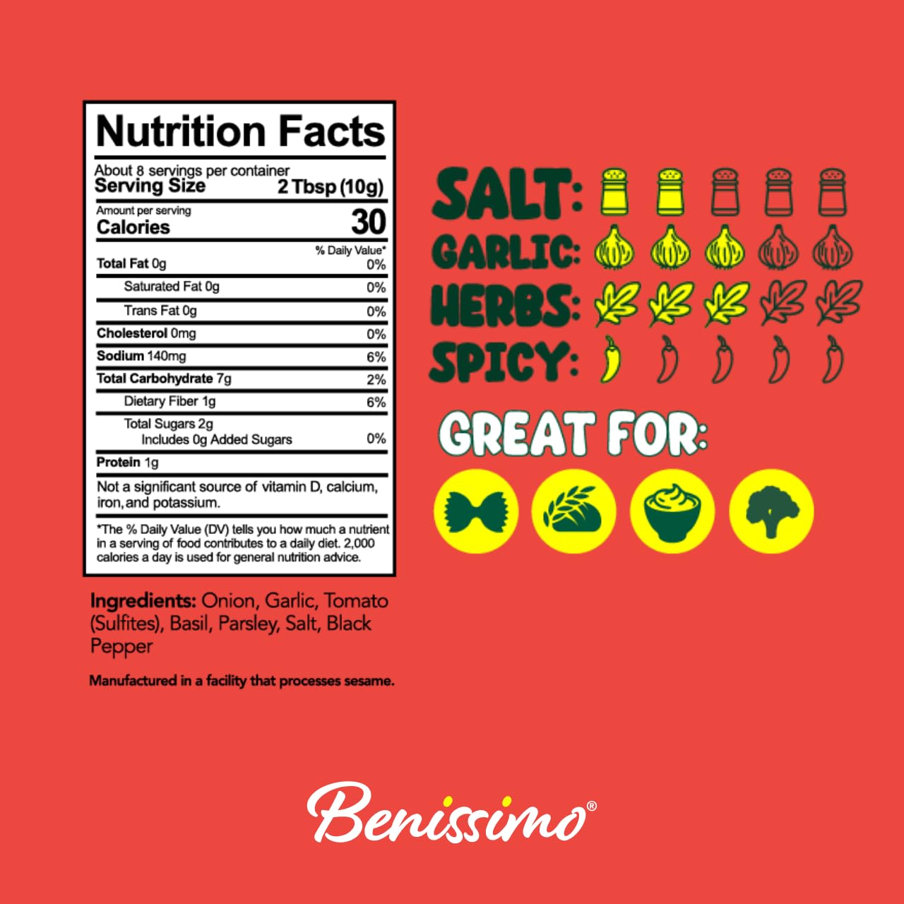 Benissimo Sundried Tomato Seasoning, Herb & Granule Blend for Pasta, Pizza, Salads, Bread, Vegetables & Marinades with Pet Shaker | 8.5 ounces