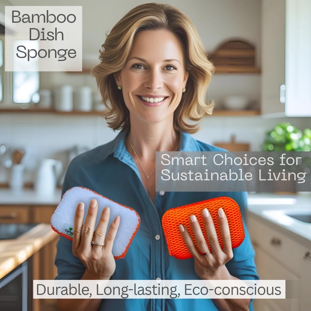 Certain Leaf Kitchen Dish Sponge Set, Dual Sided with Rayon derived from Bamboo and Mesh, Non Scratch Kitchen Cleaning Sponge Extra Absorbent Dish