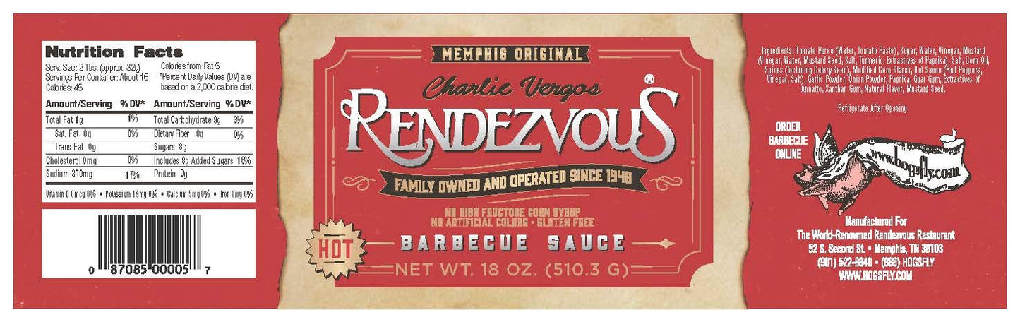 Charlie Vergos Rendezvous - Original and Hot BBQ Sauce Combo Pack (1lb 2oz (510g) Each)