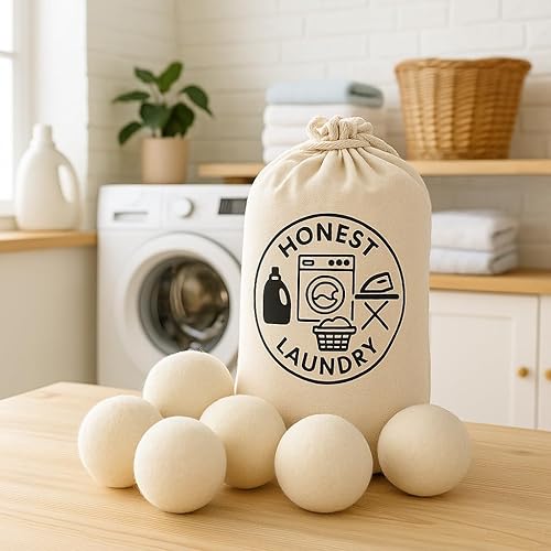 Wool Dryer Balls with Storage Bag, Natural White, Pack of 6 Honest Laundry