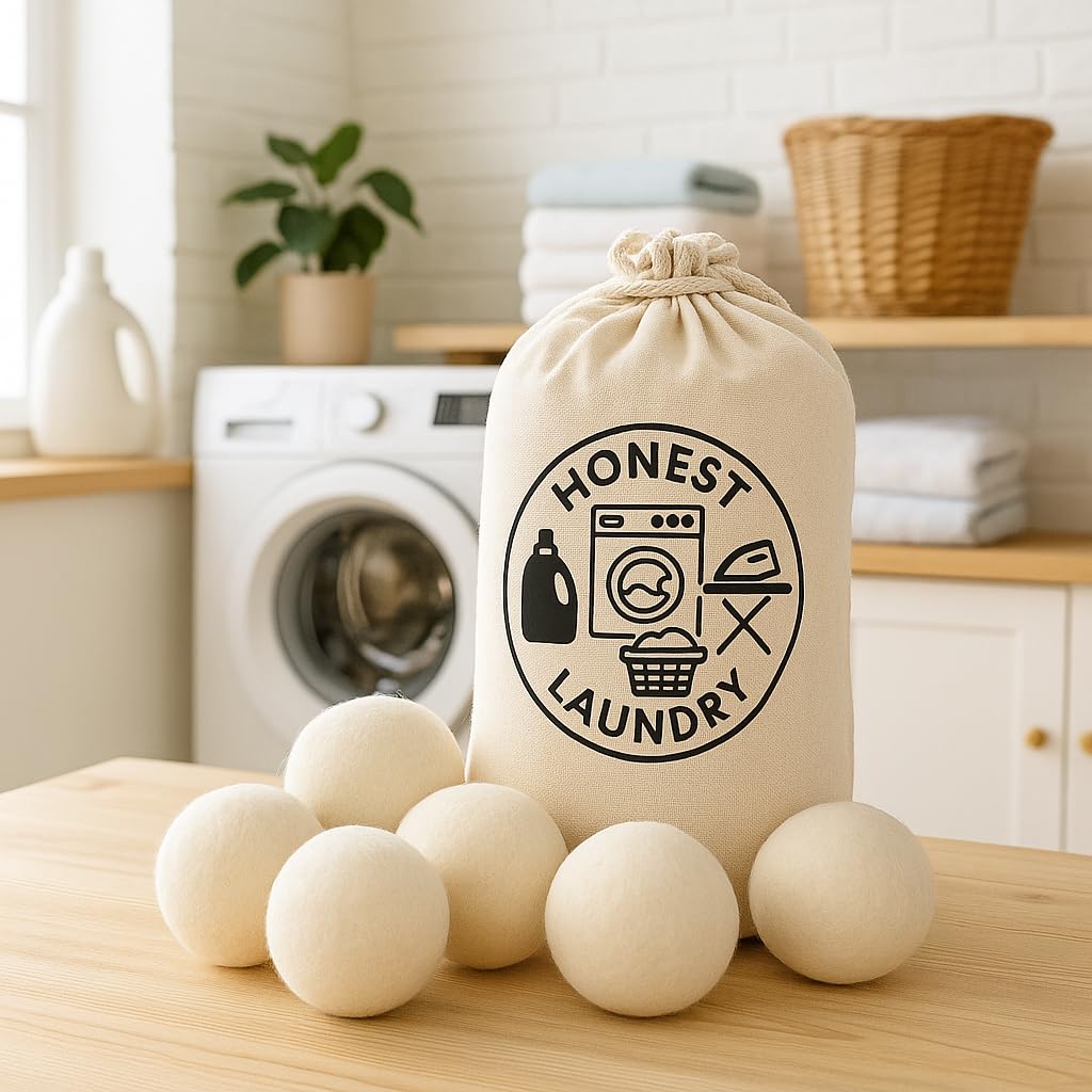 Wool Dryer Balls with Storage Bag, Natural White, Pack of 6 Honest Laundry