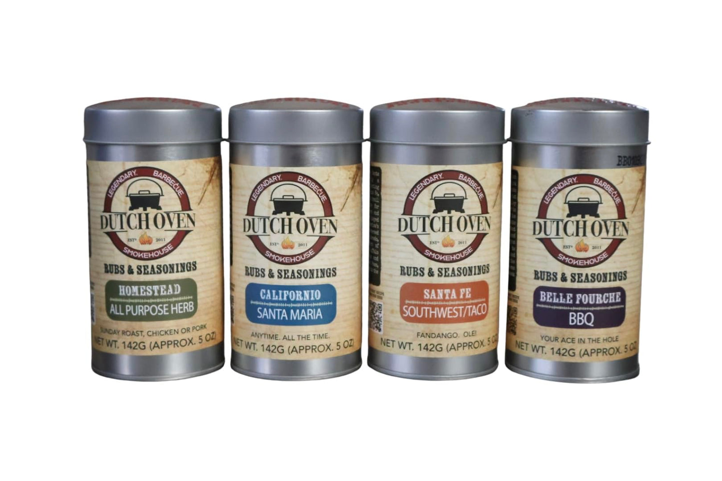 Dutch Oven Variety Spice Gift Pak II 4-pack 5.5 oz Belle Fourche, Homestead, Californio, Santa Fe - All-Natural Seasoning Set for Beef, Pork, Chicken