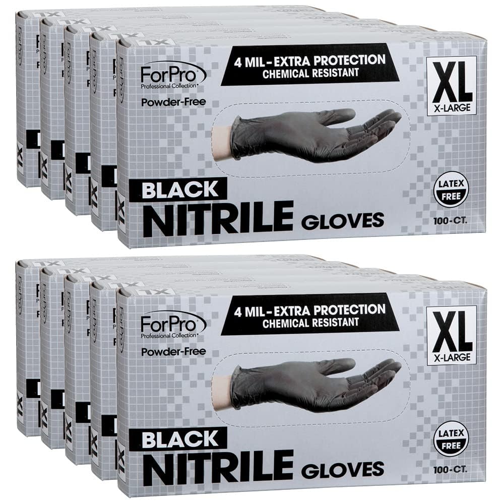 ForPro Disposable Nitrile Gloves, Chemical Resistant, Powder-Free, Latex-Free, Non-Sterile, Food Safe, 4 Mil, Black, X-Large, 1000-Count