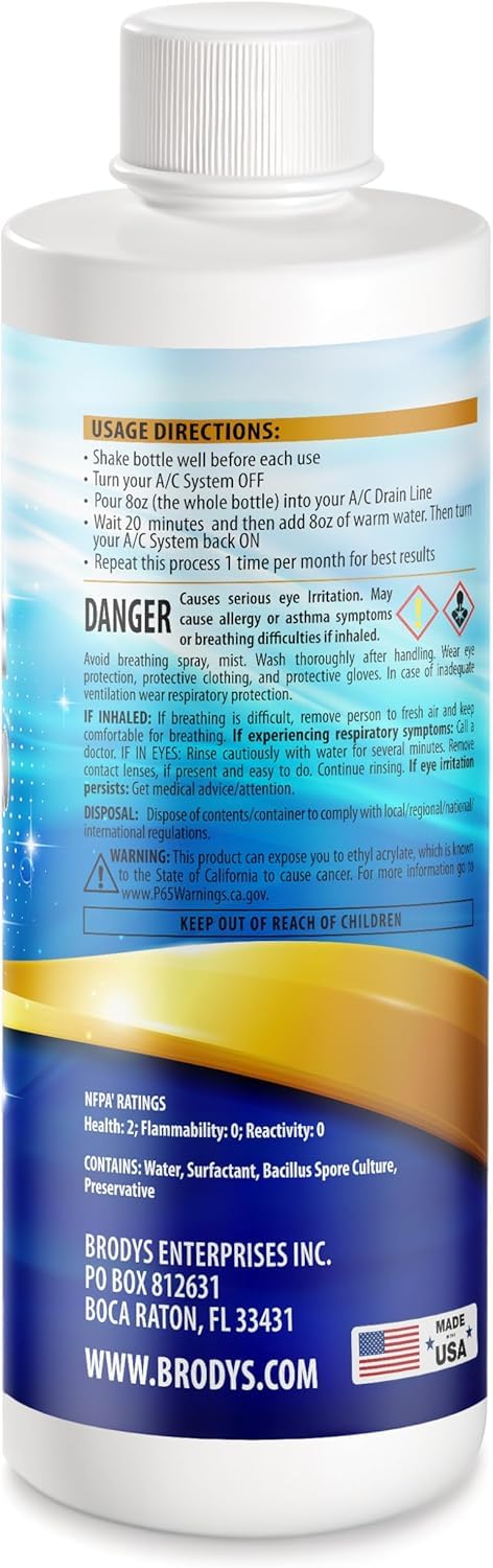 Brodys - A/C HVAC Drain Line Cleaner, 8oz Bottle, (Great to use at home, in the office, at restaurants and large commercial buildings), AC Drain Line