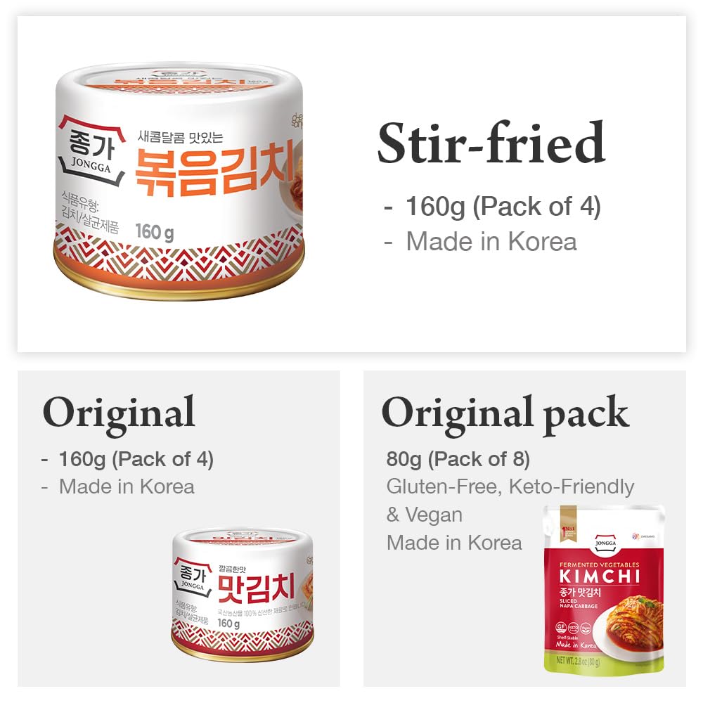 JONGGA Stir-Fried Can Kimchi (Pack of 1), Shelf Stable Canned Kimchi, Spicy Korean Authentic Fermented Pickled Cabbage, Perfect with Ramen, Noodles