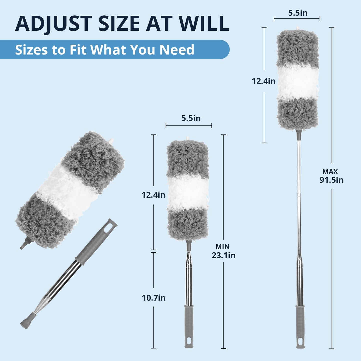 ZZ LAZYCOTTAGE Microfiber Feather Duster for High Reach, Lightweight Ceiling Fan Cleaner, 91.5" Telescopic Pole, Cobweb Duster with Extension Pole