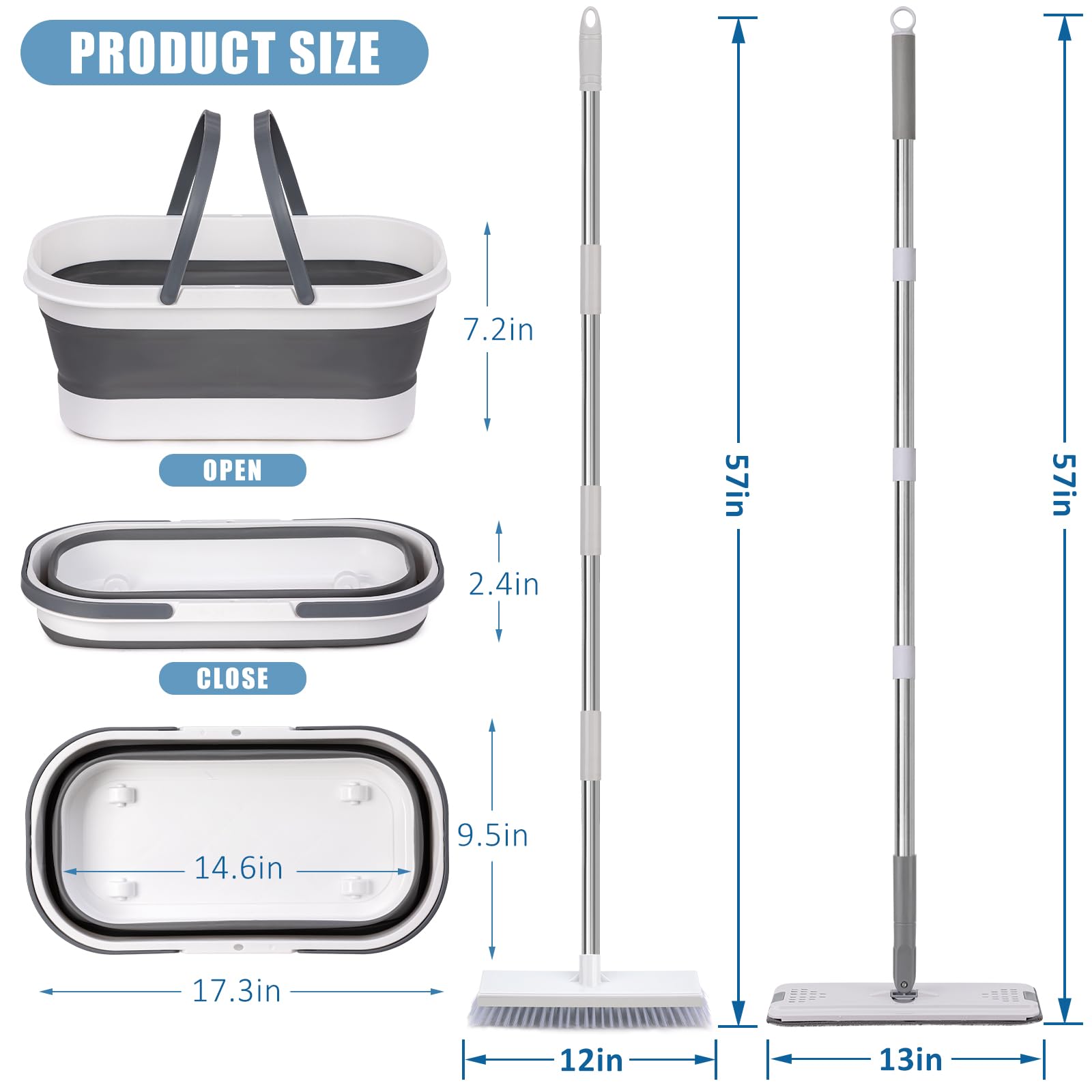 Flat Mop and Bucket Set with Heavy Duty Scrub Brush, 2 Washable Reusable Microfiber Pads, for Tile Hardwood, Wall Cleaning, Home Indoor or Outdoor