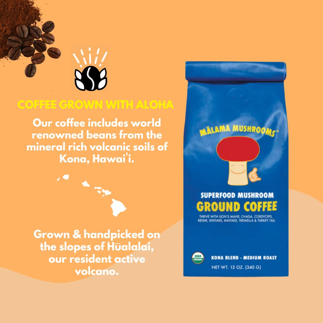 Organic Ground Mushroom Coffee by Malama | 8-Mushroom Superfood Blend with Lion’s Mane, Reishi, Cordyceps for Focus & Immune Support | Low Acid