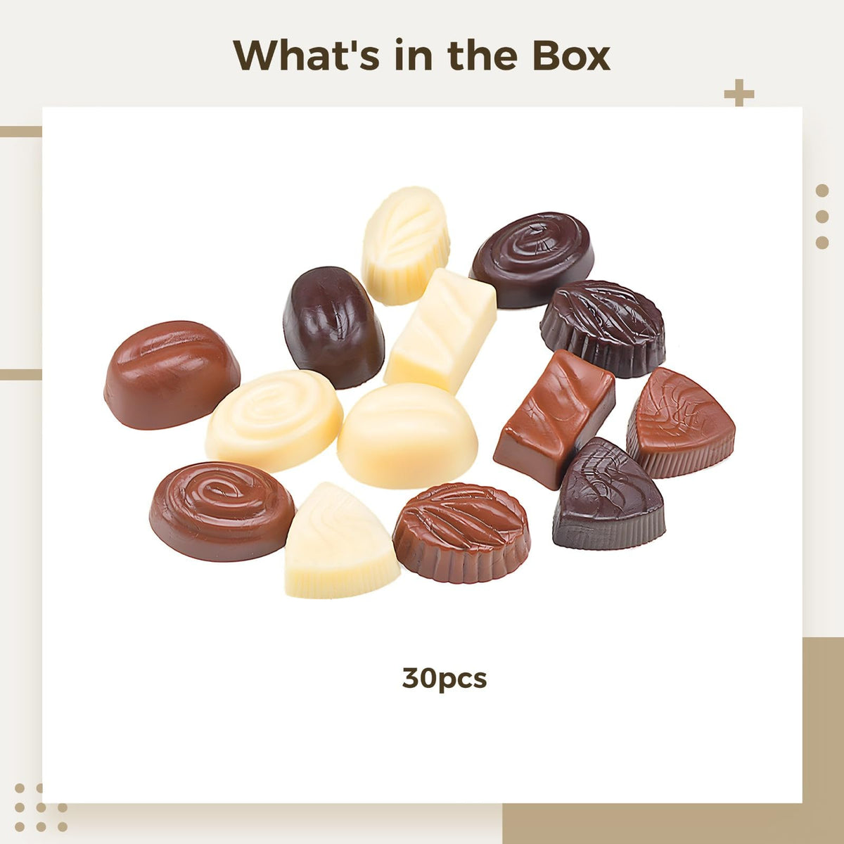 30-Piece Artificial Chocolate Set, Realistic Food Replicas In Dark, Milk, And White Chocolate Assortments For Store Displays, Photography,